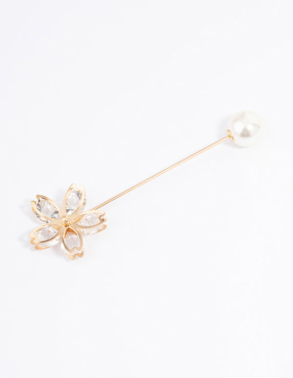 Gold Pearl & Diamante Flower Scarf Pin