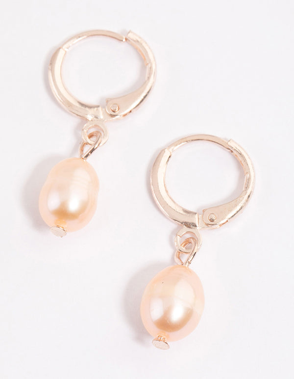 Rose Gold Simple Freshwater Pearls Huggie Earrings