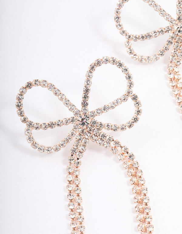 Rose Gold Big Bow Diamante Drop Earrings