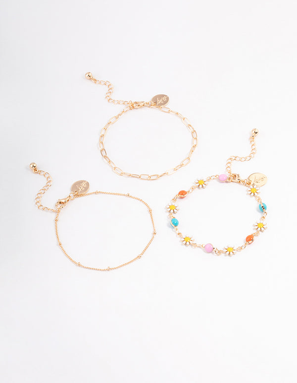 Gold Colourful Daisy & Chain Bracelet Pack