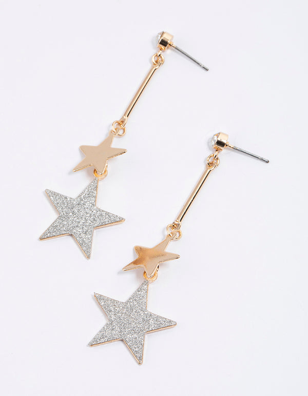 Gold Glitter Double Silver Star Drop Earrings