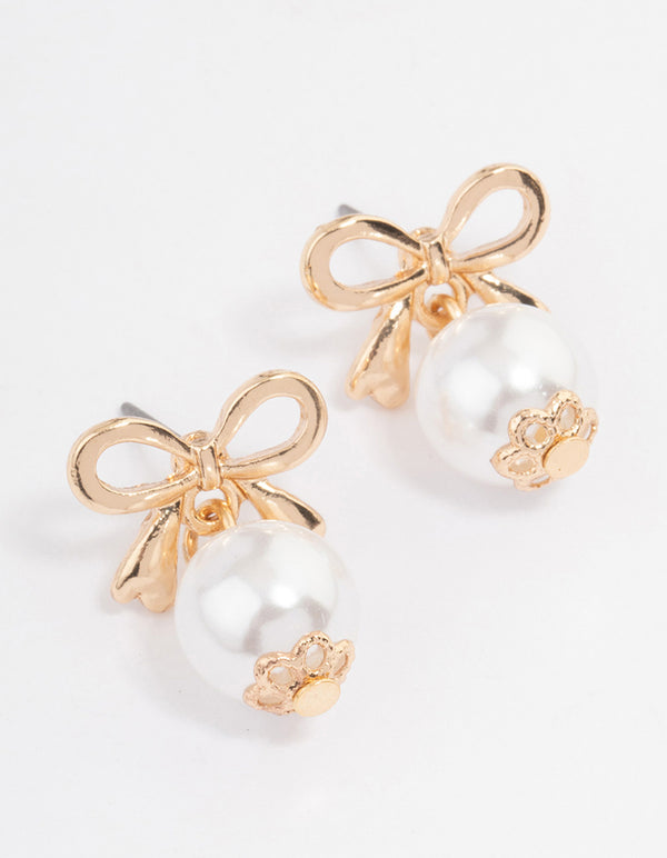 Gold Bow Pearl Drop Earrings - Lovisa