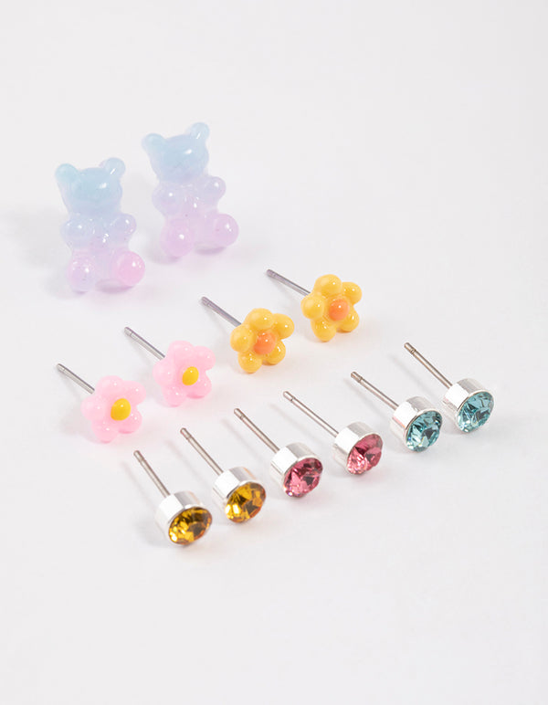 Kids Silver Gummy Bear Stud Earrings 6-Pack
