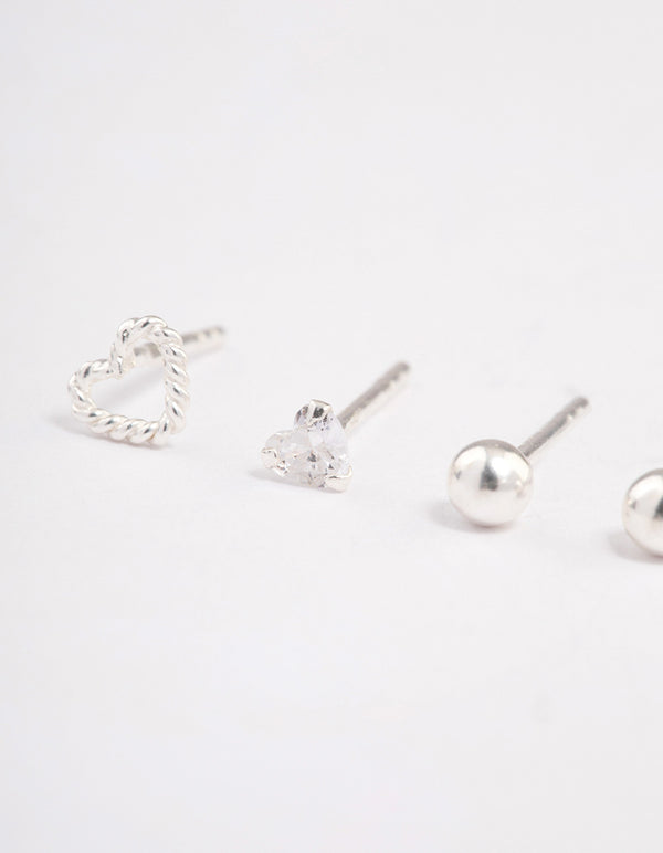 Sterling Silver Rope & Diamante Heart Stud Earring Pack