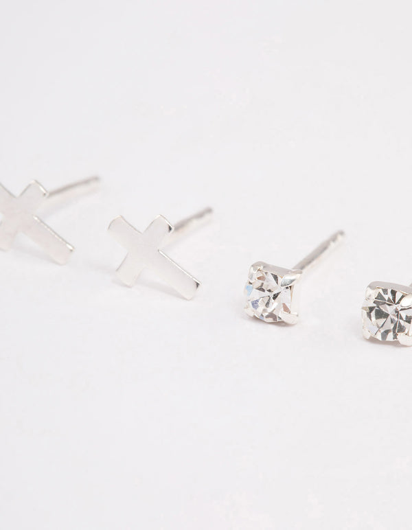 Sterling Silver Diamante Stud & Cross Earring Pack
