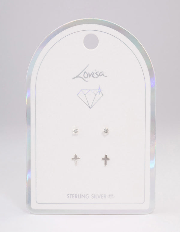 Sterling Silver Diamante Stud & Cross Earring Pack