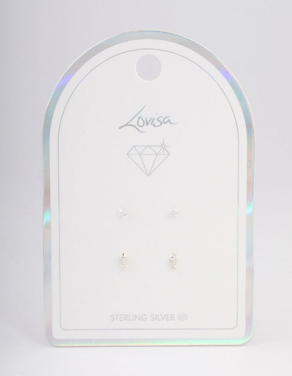 Sterling Silver Diamante & Fish Stud Earring Pack