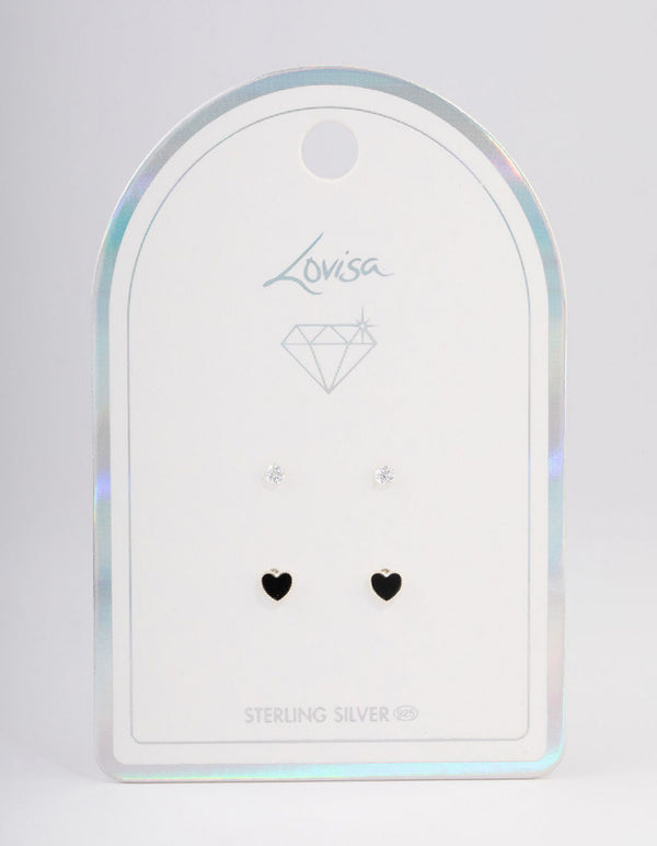 Sterling Silver Diamante & Black Heart Stud Earring Pack
