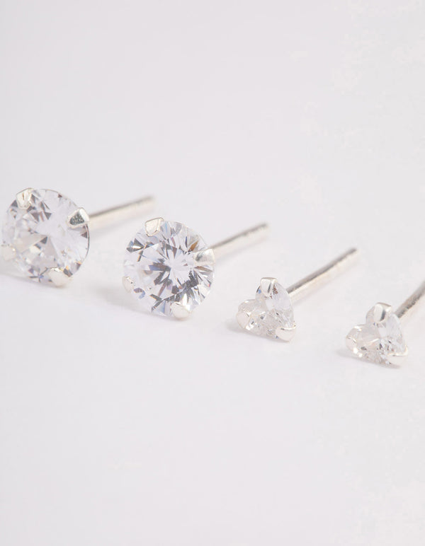 Sterling Silver Diamante Heart Stud Earring Pack