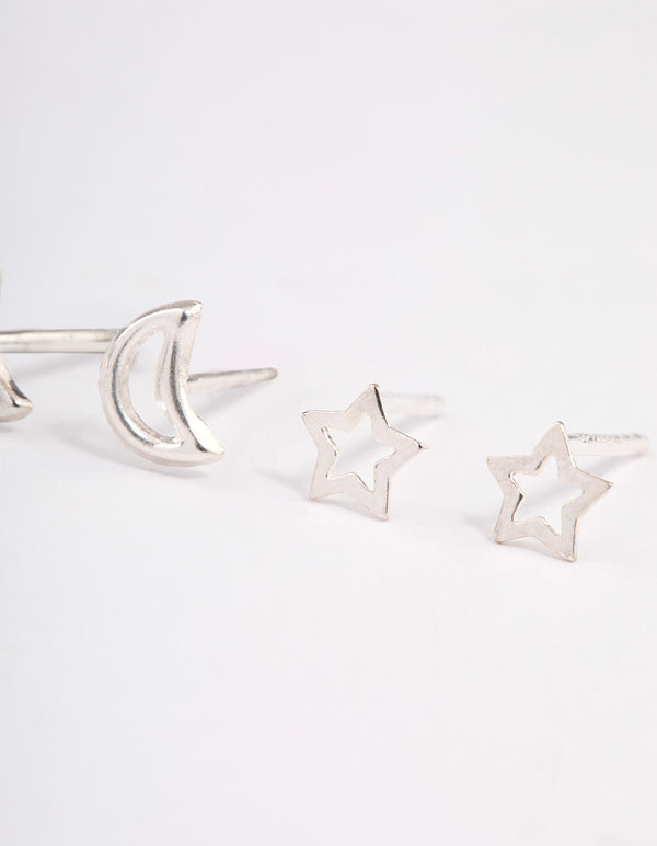 Sterling Silver Cut Out Moon & Star Earring Pack