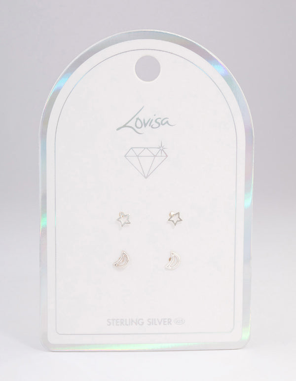 Sterling Silver Cut Out Moon & Star Earring Pack