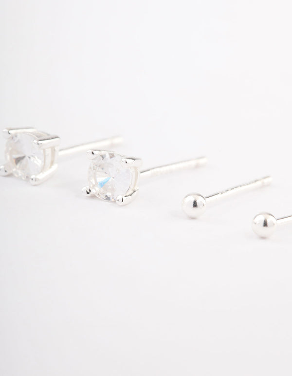 Sterling Silver Plain & Diamante Stud Earring Pack