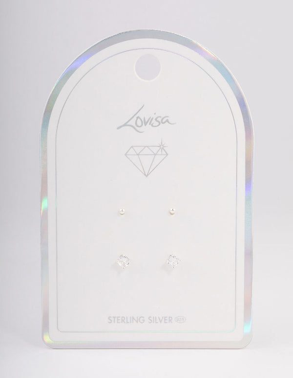 Sterling Silver Plain & Diamante Stud Earring Pack