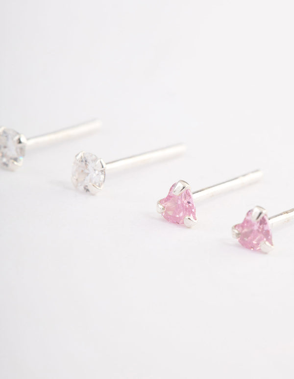 Sterling Silver Pink Diamante Heart Stud Earring Pack