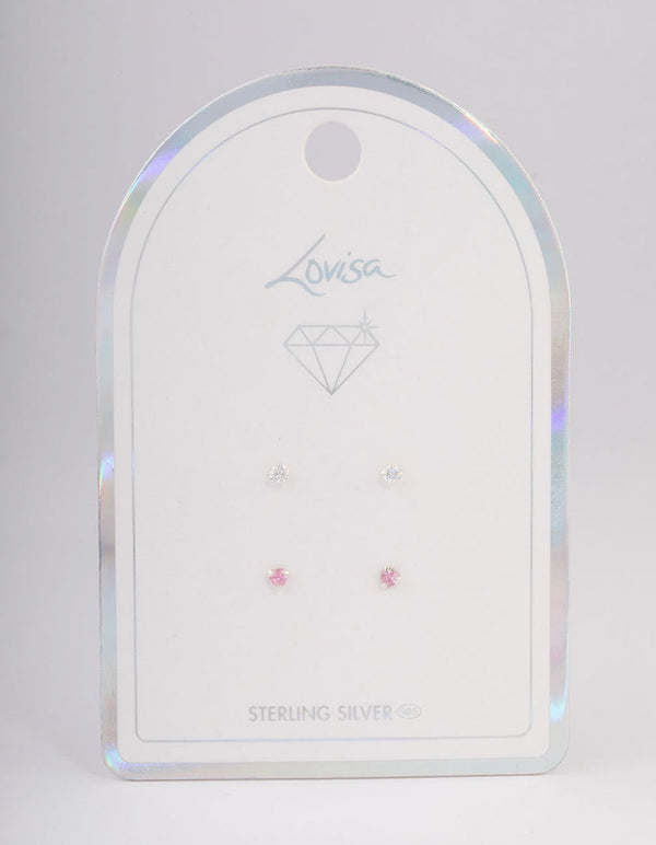 Sterling Silver Pink Diamante Heart Stud Earring Pack