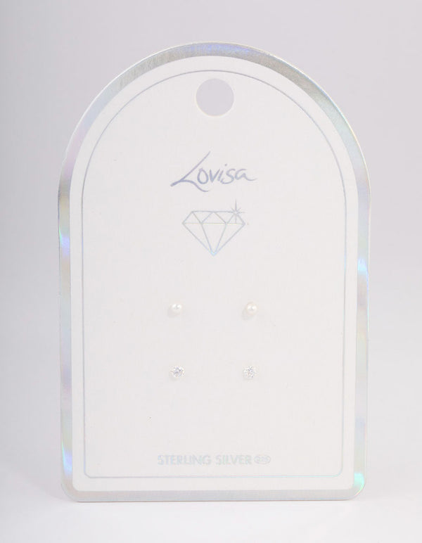 Sterling Silver Pearl & Diamante Stud Earring Pack