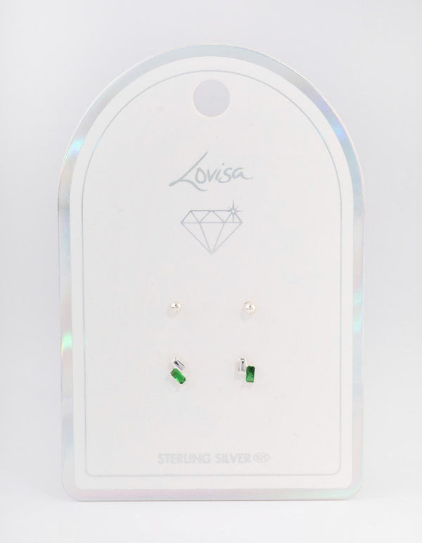 Sterling Silver Diamante & Green Baguette Stud Earring Pack