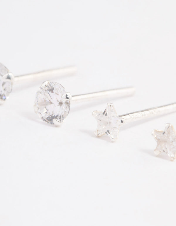 Sterling Silver Diamante & Star Stud Earring Pack
