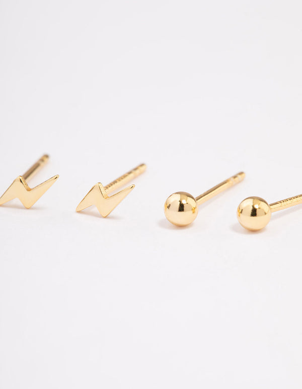Gold Plated Sterling Silver Lightning Bolt Stud Earring Pack