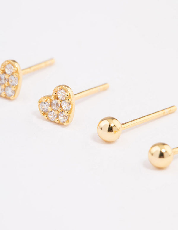 Gold Plated Sterling Silver Diamante & Heart Stud Earring Pack