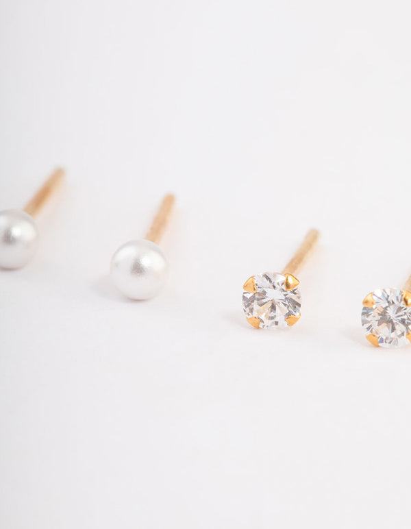 Gold Plated Sterling Silver Pearl & Diamante Stud Earring Pack