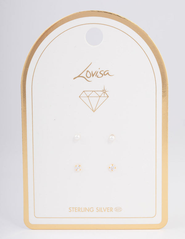 Gold Plated Sterling Silver Pearl & Diamante Stud Earring Pack