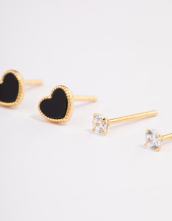 Gold Plated Sterling Silver Diamante & Black Heart Stud Earring Pack