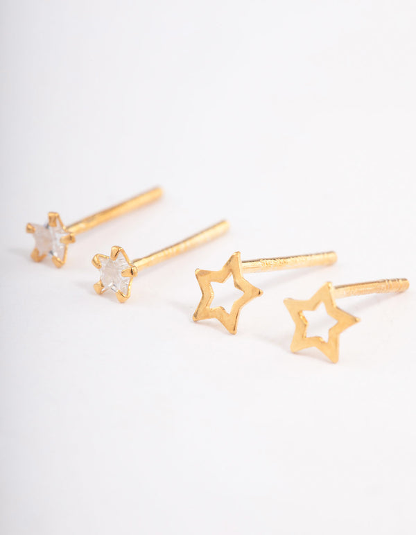 Gold Plated Sterling Silver Diamante Cut Out Star Stud Earring Pack