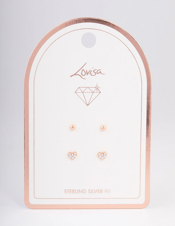 Rose Gold Plated Sterling Silver Diamante & Heart Stud Earring Pack