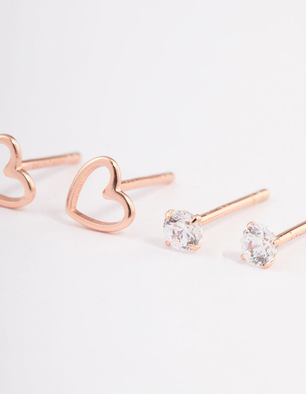 Rose Gold Plated Sterling Silver Heart Cut Out Stud Earring Pack