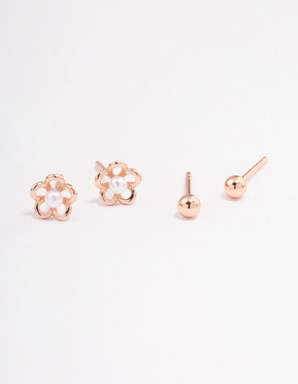 Rose Gold Plated Sterling Silver Pearl & Flower Stud Earring Pack Lovisa