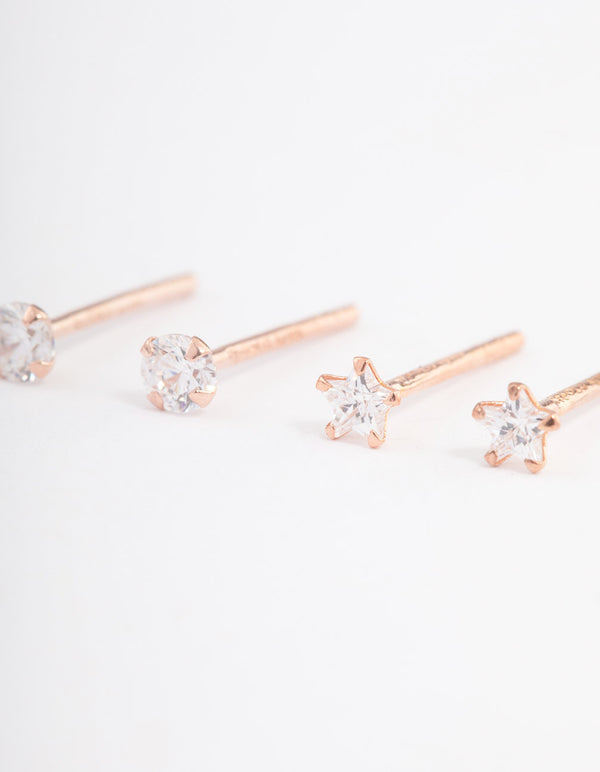 Rose Gold Plated Sterling Silver Diamante Star Stud Earring Pack