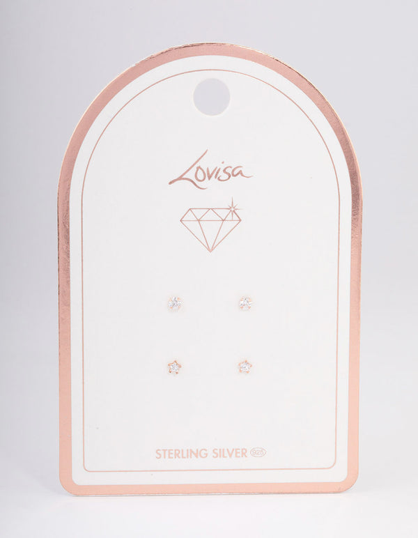 Rose Gold Plated Sterling Silver Diamante Star Stud Earring Pack