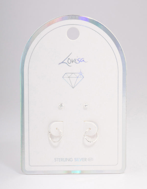 Sterling Silver Diamante & Textured Hoop Earring Pack