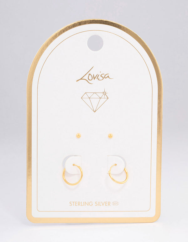 Gold Plated Sterling Silver Stud & Hoop Earring Pack 2mm