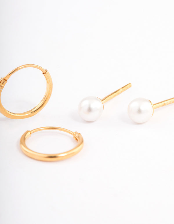 Gold Plated Sterling Silver Pearl Stud & Hoop Earring Pack