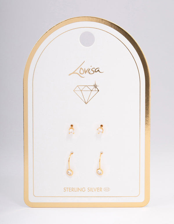 Gold Plated Sterling Silver Diamante Stud & Drop Earring Pack
