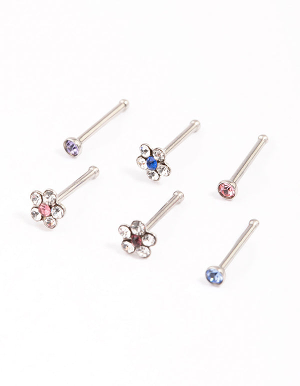 Surgical Steel Cubic Zirconia Triangle Floral Nose Ring 6-Pack