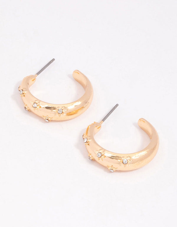 Gold Diamante Star Puffy Hoop Earrings