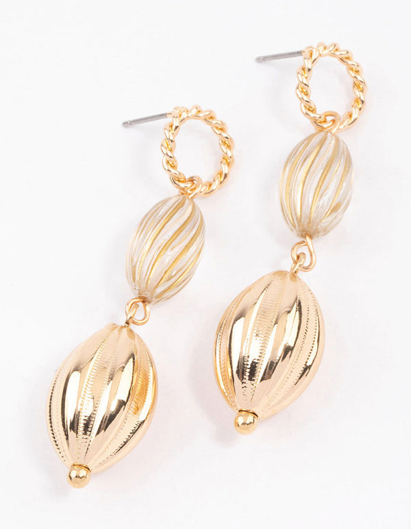 Gold Puffy Twisted Beaded Drop Earrings