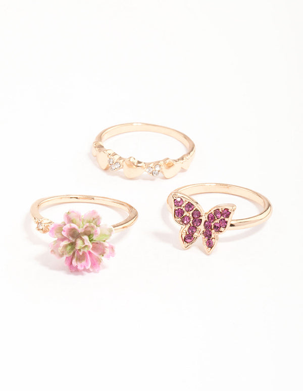 Gold Flower Butterfly Ring Pack