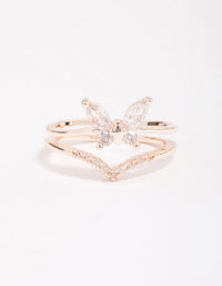 Rose Gold Plated Cubic Zirconia Butterfly Double Band Ring - link has visual effect only