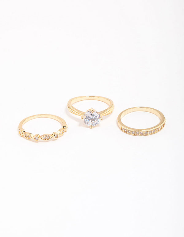 Gold Plated Cubic Zirconia Round Stone Ring Pack