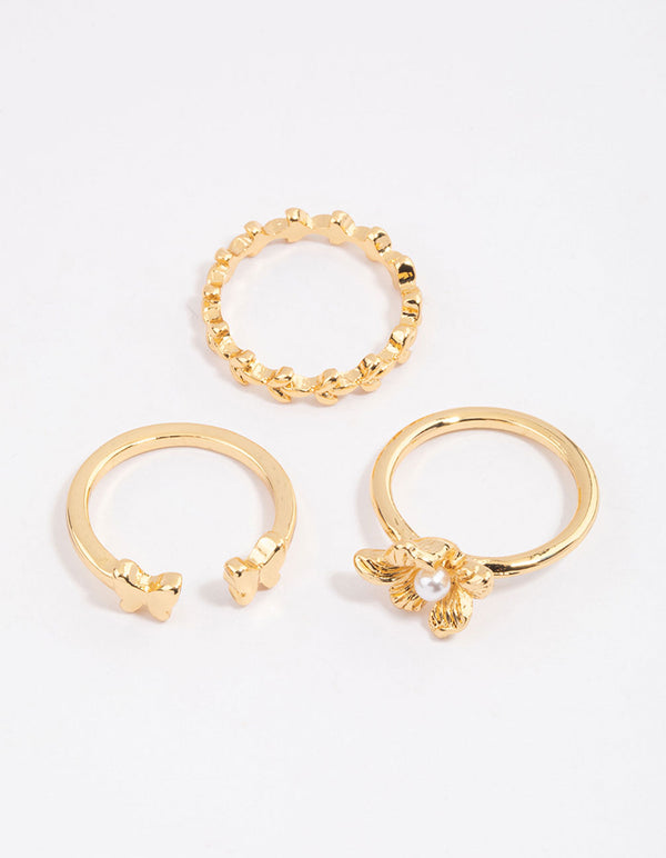 Gold Plated Butterfly & Flower Ring Pack