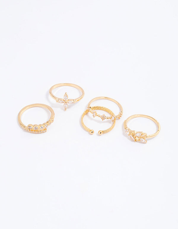 Gold Plated Cubic Zirconia Leafy Mixed Ring 5-Pack