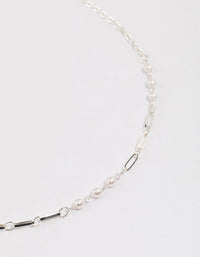 Silver Pearl & Rectangle Link Chain Necklace & Polishing Set - link has visual effect only