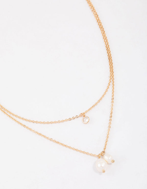 Gold Double Freshwater Pearl Diamante Necklace & Polishing Set
