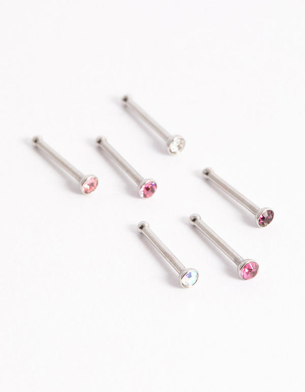 Surgical Steel Multi Cubic Zirconia Clear Nose Stud 6-Pack