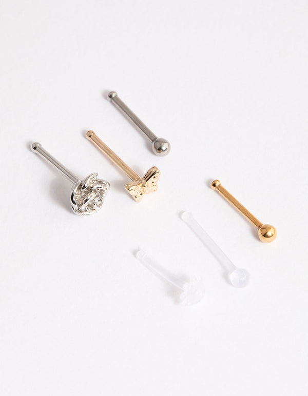 Surgical Steel Mixed Rose Butterfly Nose Stud 6-Pack