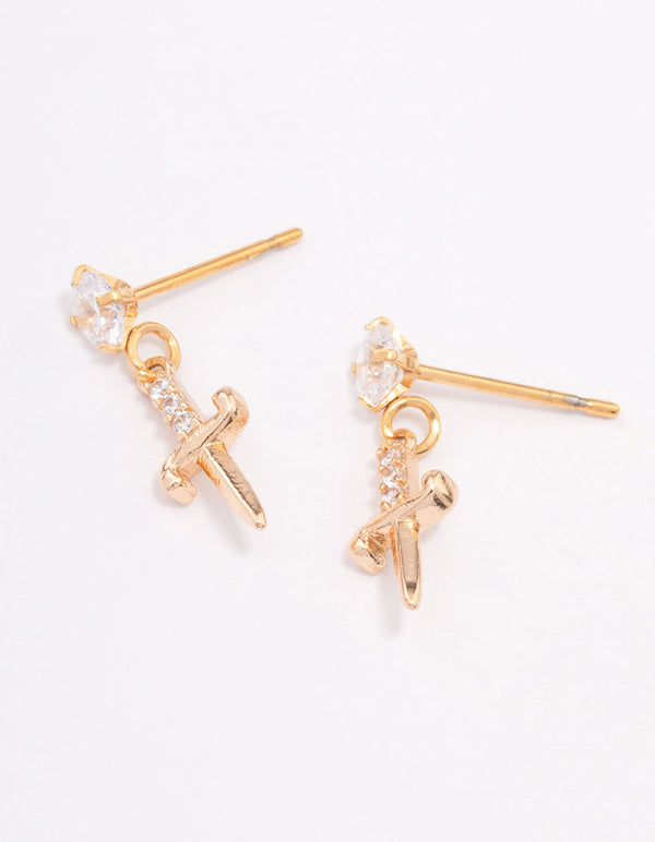 Gold Plated Surgical Steel Cubic Zirconia Mini Dagger Drop Earrings